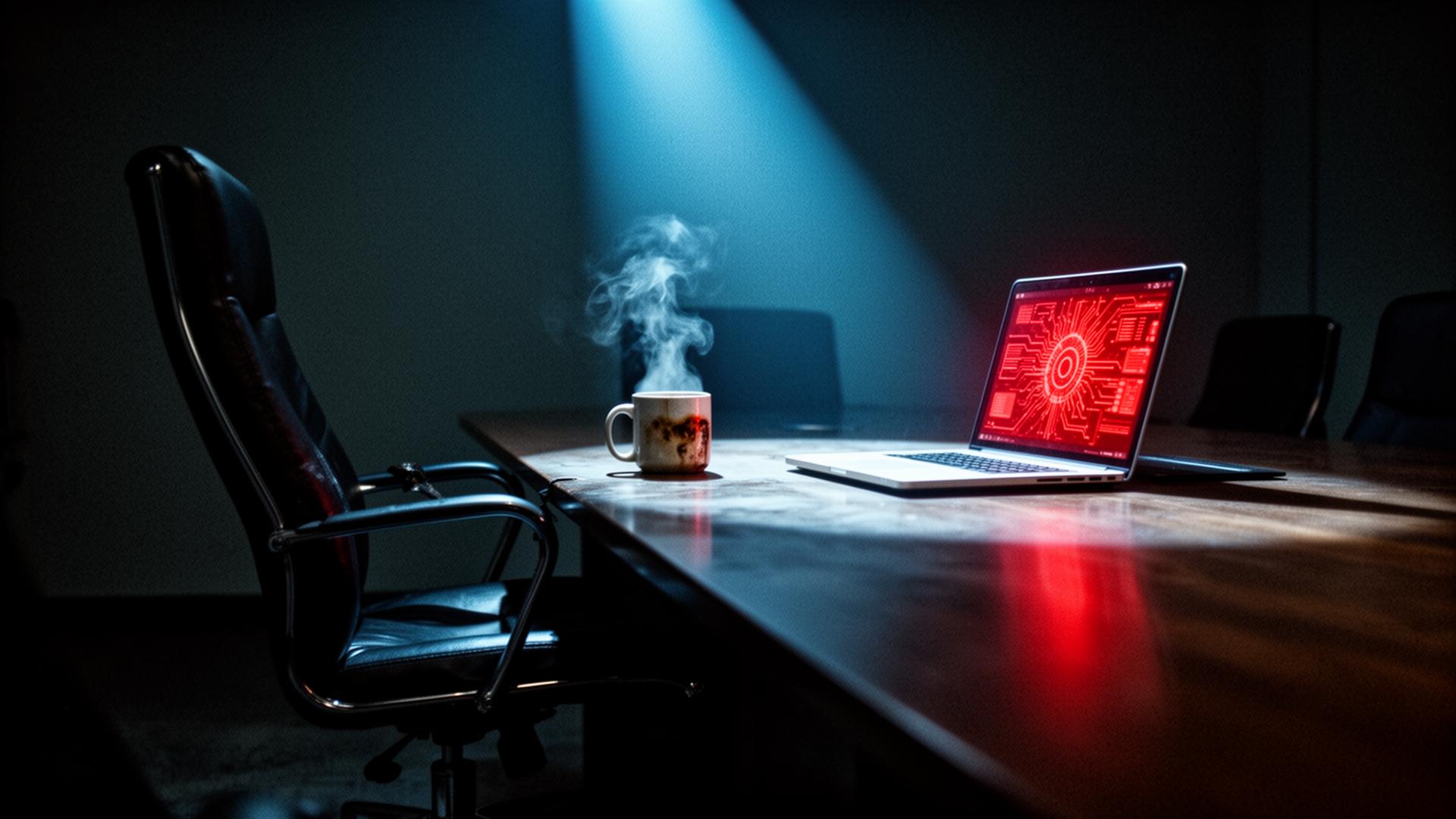 Empty office chair beside a laptop glowing red with an AI interface — the seat that's already been replaced